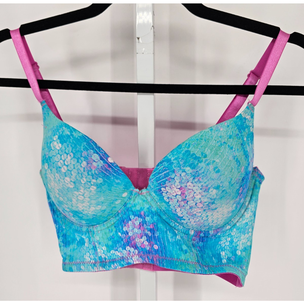 Blue-Pink Longline Bra with Sequin Print